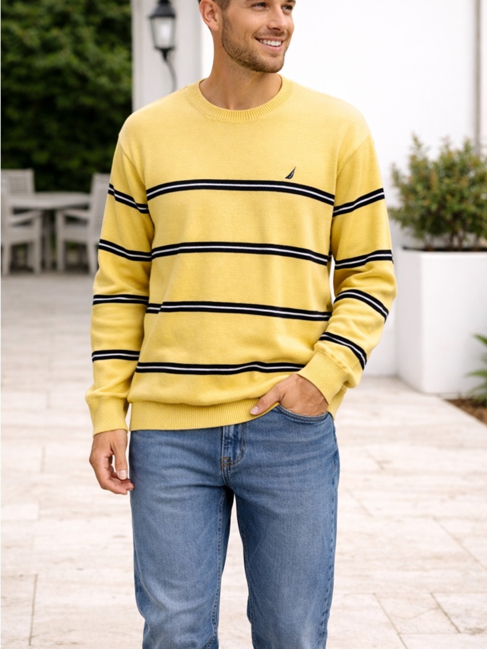 Nautica Men’s Yellow Crewneck Sweater with Navy Stripes